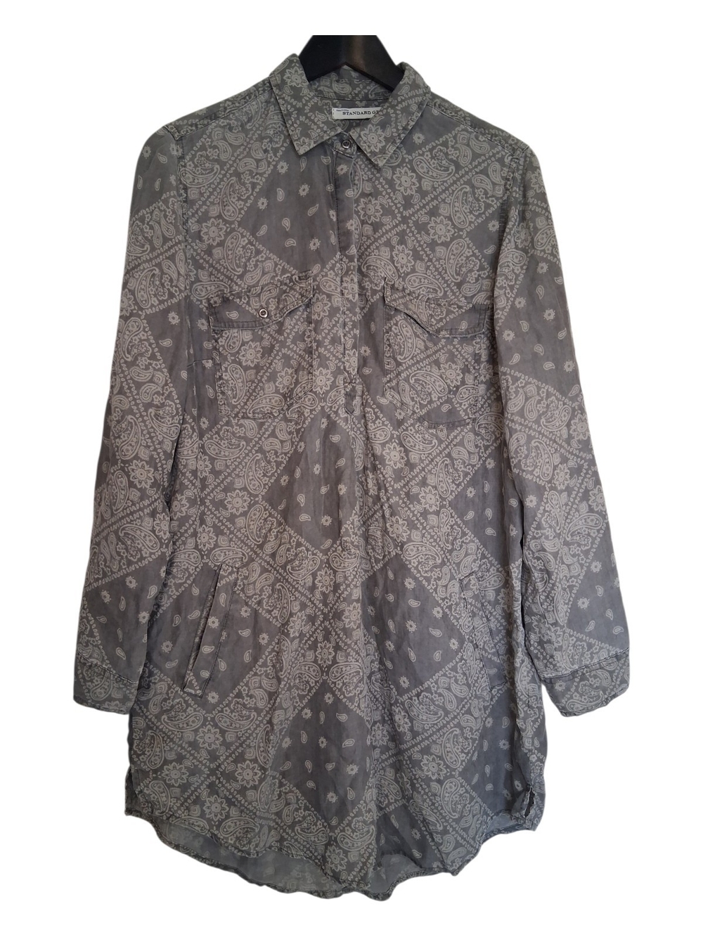 Standard Grace Gray Bandana Print Lyocell Tunic Shirt Dress Roll Tab Size Large